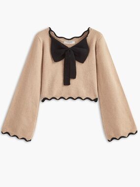 Commense Contrast Wave Trim Bow Crop Sweater